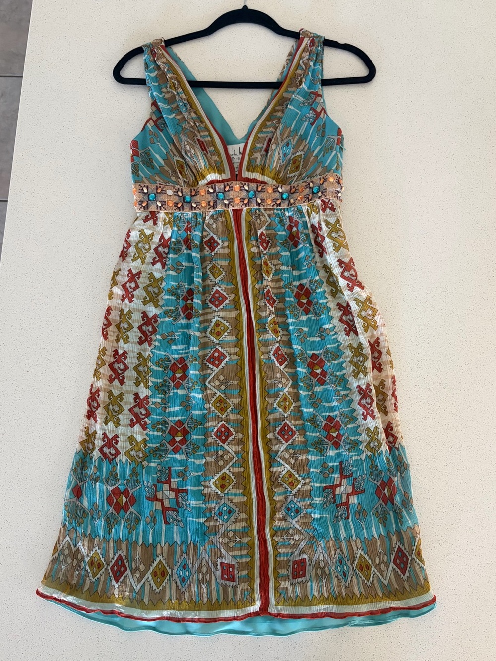 Vintage Y2K silk Nicole Miller Turquoise beaded V-Neck Dress